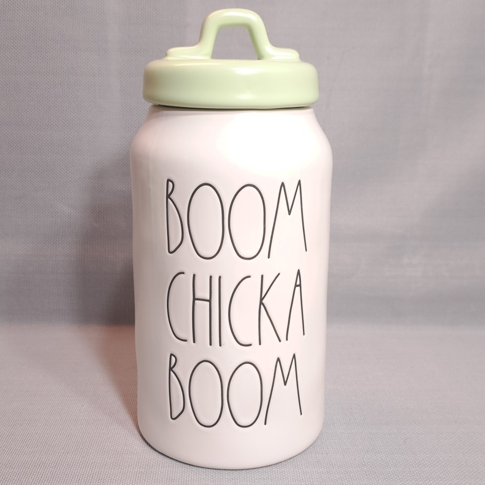Rae Dunn "BOOM CHICKA BOOM" Easter Canister Large Green Lid Magenta 9.5"
